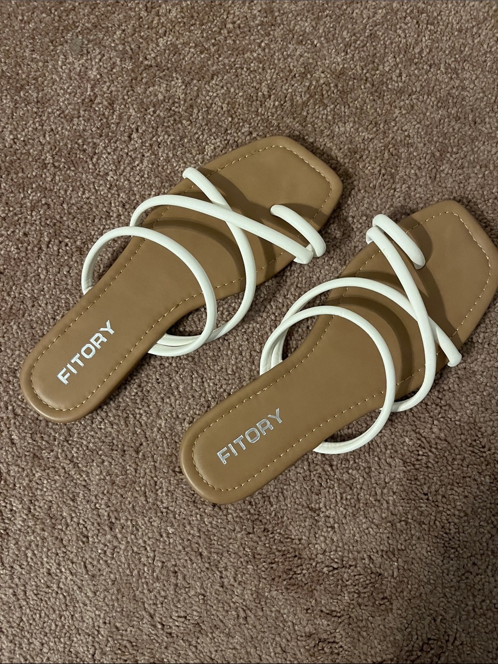 Tory Burch Tan Slide Sandals with White Tubular Straps